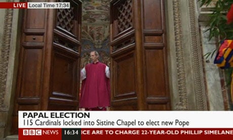 Monsignor Guido Marini closes the doors to the Sistine Chapel to begin the papal conclave