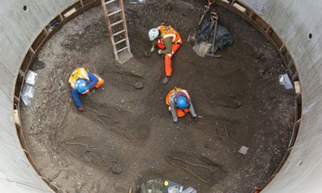 Plague victims' skeletons are unearthed during the constructions of the Crossrail link in London