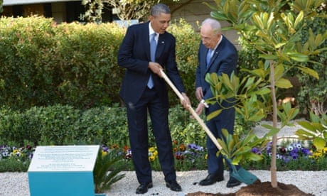President Obama and Israeli President Shimon Peres at a magnolia tree planting ceremony earlier today.