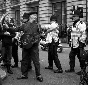 Bily Bragg: 2009: Billy Bragg, performs during the G20 Protests in the City of London