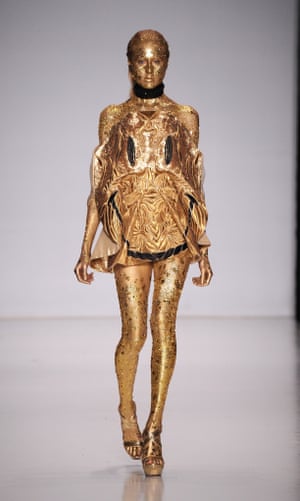 Looks like they haven't seen Goldfinger in Russia: A model walks the runway at the Fyodor Golan show during Mercedes-Benz Fashion Week Russia Fall/Winter 2013/2014 at Manege in Moscow, Russia. Photograph: Pascal Le Segretain/Getty Images for MBFW Russia