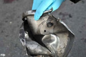 The remains of a pressure cooker that was part of one of the bombs that exploded during the Boston Marathon. Photograph: Federal Bureau of Investigation/AP
