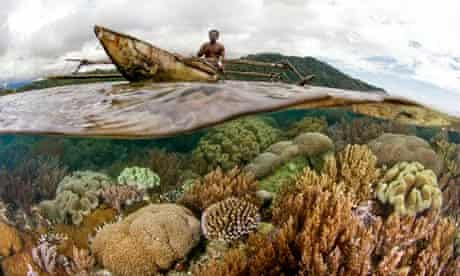Coral reeef man in boat