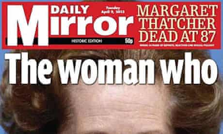 The Daily Mirror's front page on Margaret Thatcher's death