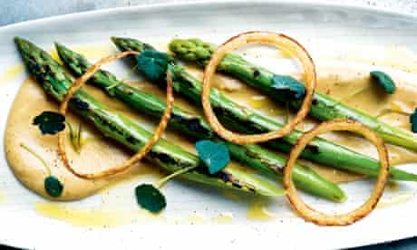 Asparagus, aubergine and miso puree with fried onions