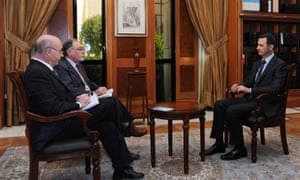 Syrian President Bashar al-Assad being interviewed by Argentinian journalists. Assad said he won't step down before elections and that the United States has no right to interfere in his country's politics, raising new doubts about a US-Russian effort to get Assad and his opponents to negotiate an end to the country's civil war.