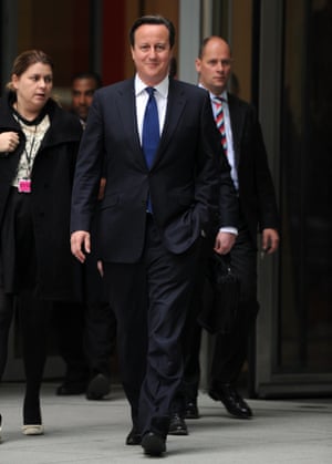 Prime Minister David Cameron leaving the BBC studios in London after an interview for the Today programme this morning.