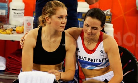 Pendleton and Jess Varnish after being disqualified during the Olympic Games. Photograph: Cathal Mcn