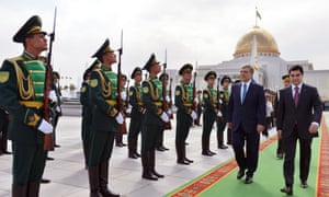 Turkish President Abdullah Gul and his Turkmen counterpart Gurbanguli Berdymukhamedov inspect a military honour guard during a welcoming ceremony in Ashgabat. Gul is in Turkmenistan for a three-day state visit.