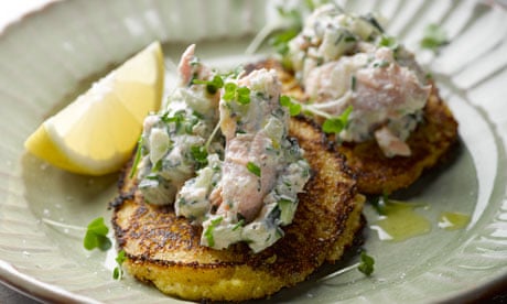 Yotam Ottolenghi's johnnycakes with smoked trout and horseradish