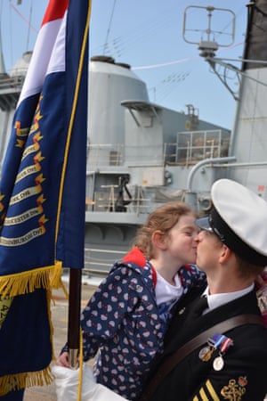Four-year-old Even Allen kisses her father, Petty Officer Damion Allen, as he arrives home at Portsmouth Naval Base on HMS Edinburgh for the final time. The Royal Navy Type 42 destroyer, which has clocked up over 800,000 miles in 30 years of service will be decomissioned on June 6 as the Type 42s make way for the next-generation Type 45s.