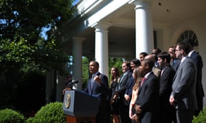 Barack Obama delivers a speech on students loans in the Rose Garden of the White House in Washington, DC.