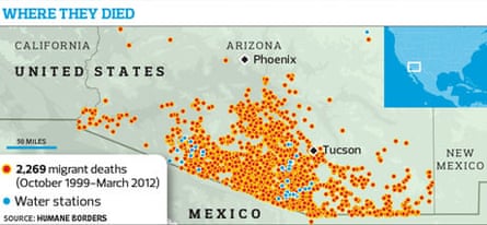 A map plotting the deaths of Mexican immigrants in the Arizona desert