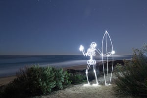 Light paintings: A skeleton with a surfboard created using a 155 second exposure