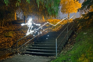 Light paintings: A skeleton skateboarding created using a 186 second exposure