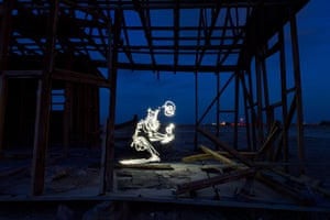 Light paintings: A skeleton holding a key created using a 121 second exposure