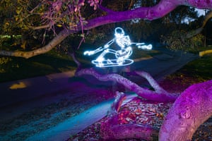 Light paintings: A skeleton skateboarding created using a 187 second exposure