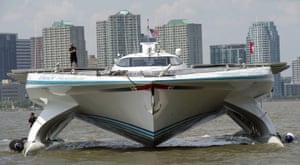 The worlds largest solar boat, Switzerland's MS Turanor PlanetSolar, arrives at North Cove marina near the World Trade Centre in New York City.