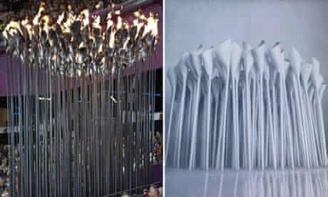 Thomas Heatherwick's Olympic cauldron (left) and the design Atopia submitted to Locog in 2007