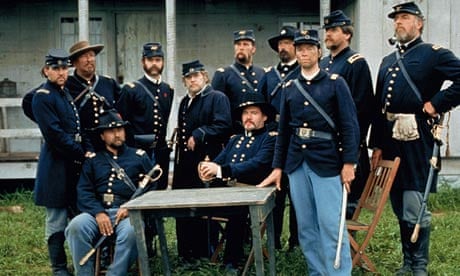 Jeff Daniels, standing at centre, portrays Joshua Lawrence Chamberlain in the 1993 film Gettysburg