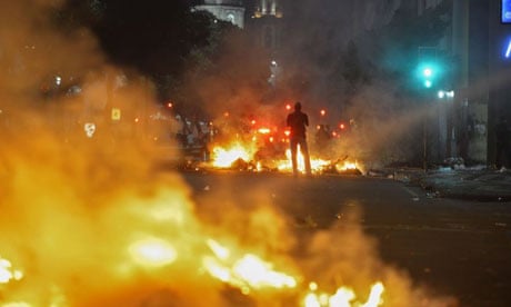 Bonfires lit by demonstrators in Rio.