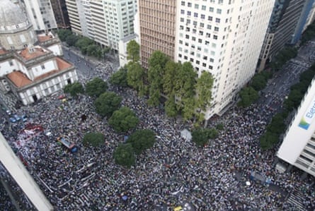 Huge crowds of demonstrators march in Rio de Janeiro, Brazil.
