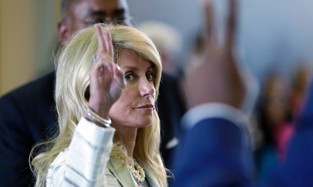 Senator Wendy Davis votes against a motion to call for a rules violation during her filibusters of an abortion bill. Photograph: AP Photo/Eric Gay