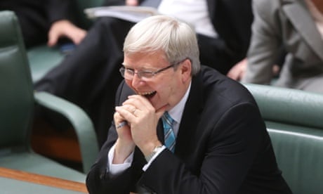 Prime Minister Kevin Rudd reacts to a valedictory speech by Defence Minister Stephen Smith where he described Stephen Conroy as "misunderstood." The Global Mail.