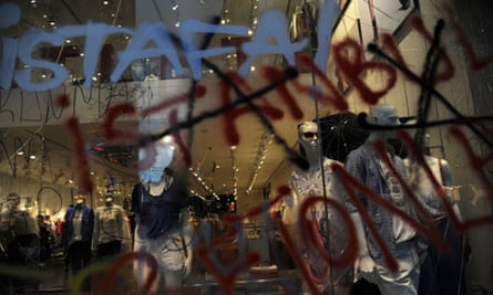 Graffiti covers a shop window on Taksim in Istanbul, Turkey
