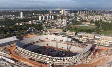 Aerial view of the construction of the Amazonia Arena in Manaus