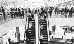 Black and white photo of the escalators in Brent Cross Shopping Centre 