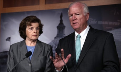 Senators Dianne Feinstein, chairman of the Senate intelligence committee, and Saxby Chambliss, the vice chairman, speak to reporters about the NSA cull of phone records.