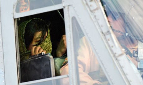 Rimsha Masih is taken away by helicopter after being released from prison on bail in September.