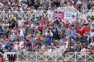 England's fans celebrate four runs (Cook has found the boundary once thus far, and Joe Root three times).