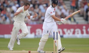 Jonathan Trott surveys the remains of his stumps as Peter Siddle celebrates.