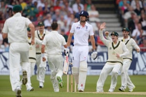 Alastair Cook is gone! England's captain nicked a delivery from James Pattinson while attempting to drive and Brad Haddin took the catch. Cook managed just 13 runs leaving England on 27-1.