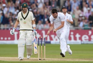 James Anderson points to the stumps after getting Michael Clarke out with a fine delivery