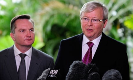 Kevin Rudd and Chris Bowen outline federal budget cuts to pay for the end of the fixed carbon price.