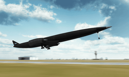 An artist's impression of the Skylon taking off from a runway.