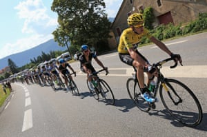 Chris Froome of Great Britain riding for Sky Procycling rides in the peloton as he defends he overall race leader's jersey during stage sixteen of the 2013 Tour de France, a 168KM road stage from Vaison-la-Romaine to Gap, in Gap, France. Photograph: Doug Pensinger/Getty Images