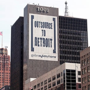 motor city blues: A banner on a building in is shown in downtown Detroit 