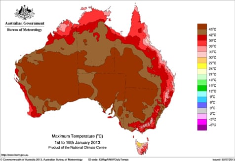 Chart showing maximum temperatures during Australia's 2012/13 summer heatwave