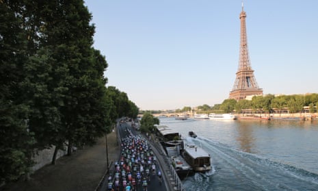 The pack rides on the Seine river banks.