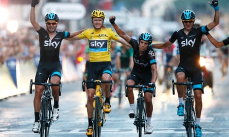 Chris Froome and Team Sky cross the finish line.