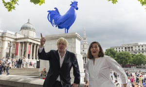 There's a large blue cockerel in Trafalgar Square in London... along with Mayor Boris Johnson and artist Katerina Fritsch who created the latest sculpture to be unveiled on the fourth plinth.