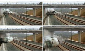 This sequence of videograbs made available today shows the moment that a train derailed outside the north-western Spanish city of Santiago de Compostela. The train was travelling between Madrid and Ferrol when it came off the tracks while approaching the station at Santiago de Compostela. Stephen Burgen reports. Photograph: handout/EPA