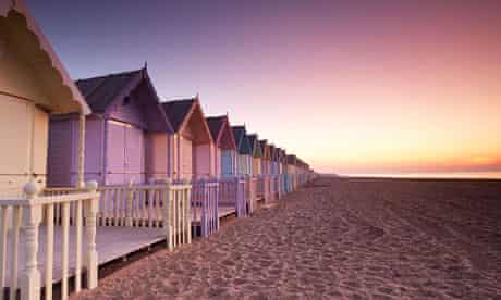 Early dawn over new beach huts on Mersea Island.