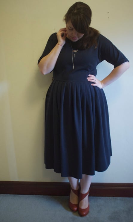 Blogger wearing midi-length navy blue dress