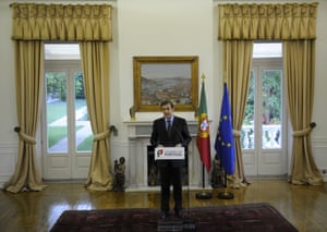 Portuguese Prime Minister Pedro Passos Coelho addresses the nation from his official residence at Sao Bento palace in Lisbon on July 2, 2013.