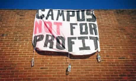 Banner reading 'campus not for profit' hangs from a wall